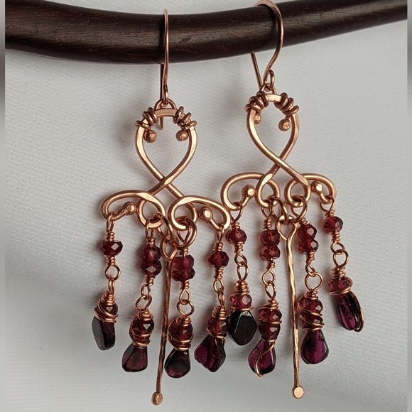 Handmade Garnet Chandelier Earrings Romantic Copper Jewelry - Picture 13 of 13